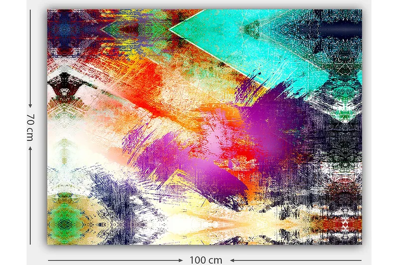 Canvastavla 70x100 cm - Abstrakt komposition med färgglada geometriska former och dynamiska penseldrag - Turkos / Lila / Röd - Inredning & dekor - Tavlor & konst - Canvastavla