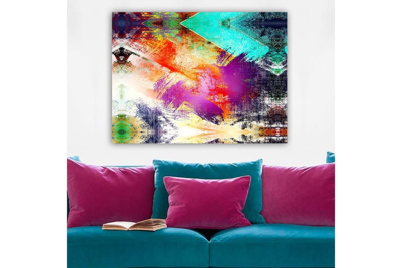 Canvastavla 70x100 cm - Abstrakt komposition med färgglada geometriska former och dynamiska penseldrag - Turkos / Lila / Röd - Inredning & dekor - Tavlor & konst - Canvastavla