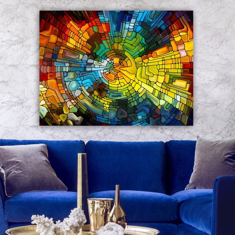 Canvastavla 70x100 cm - Abstrakt komposition med färgglada geometriska former som skapar en dynamisk rörelse - Gult / Blått / Rött - Inredning & dekor - Tavlor & konst - Canvastavla