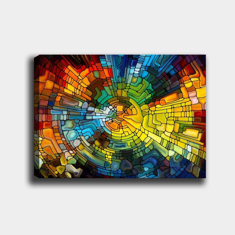 Canvastavla 70x100 cm - Abstrakt komposition med färgglada geometriska former som skapar en dynamisk rörelse, Gult / Blått / Rött