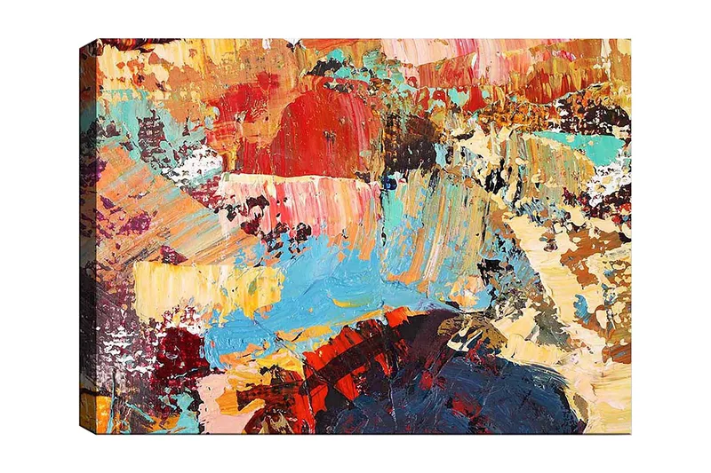 Canvastavla 70x100 cm - Abstrakt komposition med färgglada penseldrag som skapar en dynamisk och livfull känsla, Röd / Blå / Beige