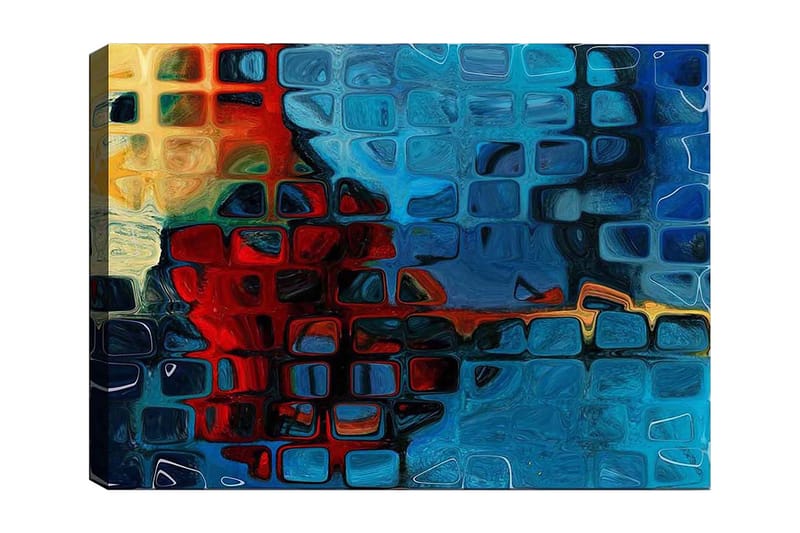 Canvastavla 70x100 cm - Abstrakt komposition med färgstarka rutor i blått och rött, Blå / Röd / Orange