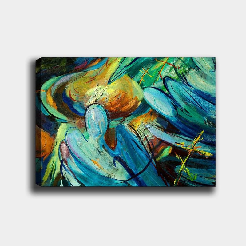 Canvastavla 70x100 cm - Abstrakt komposition med figurer som tycks interagera i en dynamisk rörelse, Blå / Grön / Orange