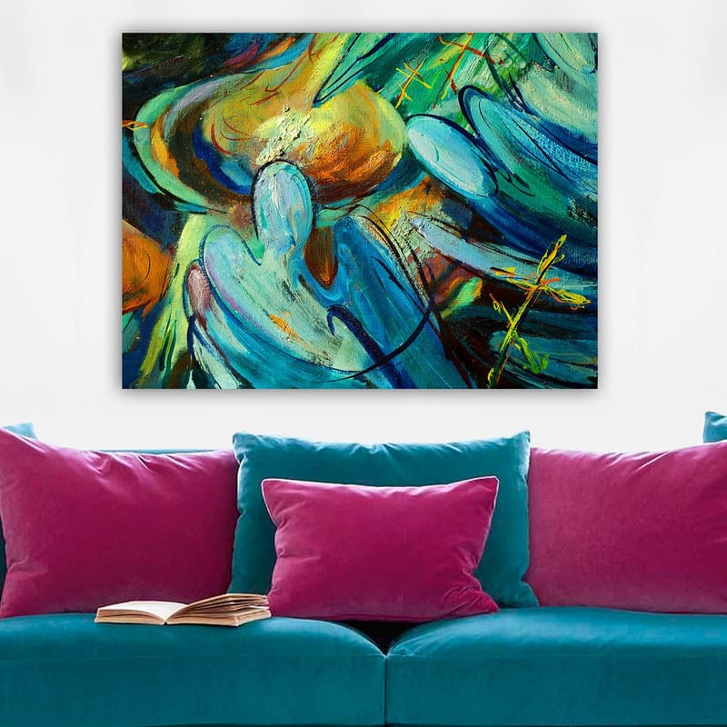 Canvastavla 70x100 cm - Abstrakt komposition med figurer som tycks interagera i en dynamisk rörelse - Blå / Grön / Orange - Inredning & dekor - Tavlor & konst - Canvastavla