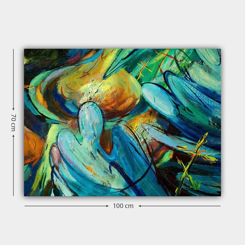 Canvastavla 70x100 cm - Abstrakt komposition med figurer som tycks interagera i en dynamisk rörelse - Blå / Grön / Orange - Inredning & dekor - Tavlor & konst - Canvastavla