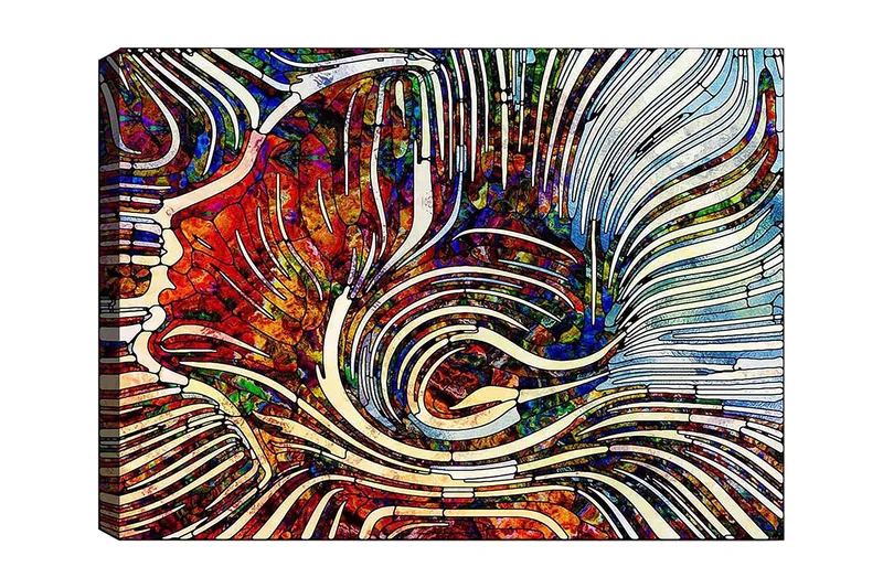 Canvastavla 70x100 cm - Abstrakt komposition med flödande linjer och färgade former som skapar en dynamisk känsla, Röd / Blå / Vit