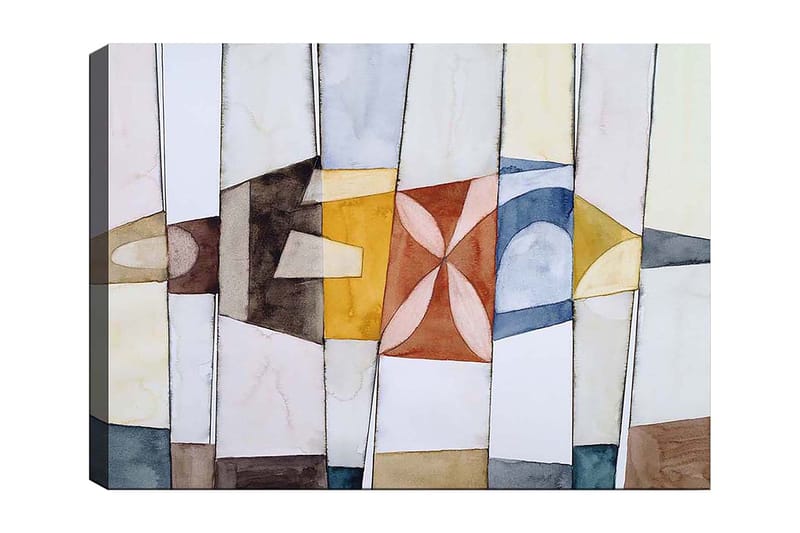 Canvastavla 70x100 cm - Abstrakt komposition med geometriska former i varma och kalla färger, Guld / Blå / Brun