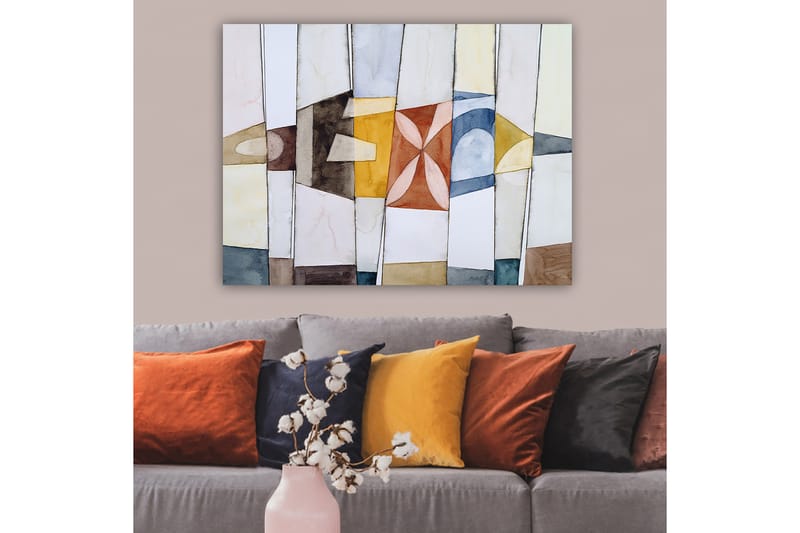 Canvastavla 70x100 cm - Abstrakt komposition med geometriska former i varma och kalla färger - Guld / Blå / Brun - Inredning & dekor - Tavlor & konst - Canvastavla