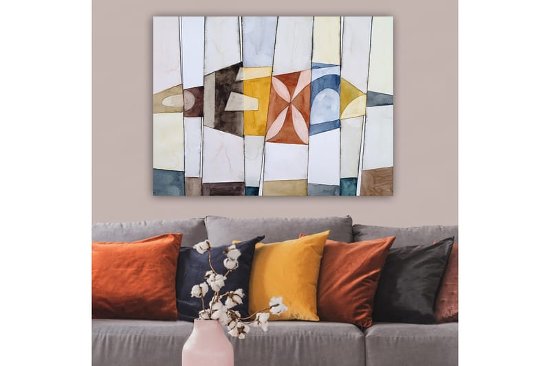 Canvastavla 70x100 cm - Abstrakt komposition med geometriska former i varma och kalla färger - Guld / Blå / Brun - Inredning & dekor - Tavlor & konst - Canvastavla