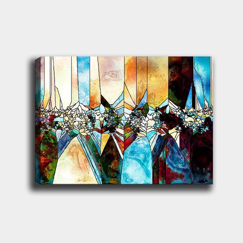 Canvastavla 70x100 cm - Abstrakt komposition med geometriska former och blommotiv i klara färger - Blå / Grön / Orange - Inredning & dekor - Tavlor & konst - Canvastavla