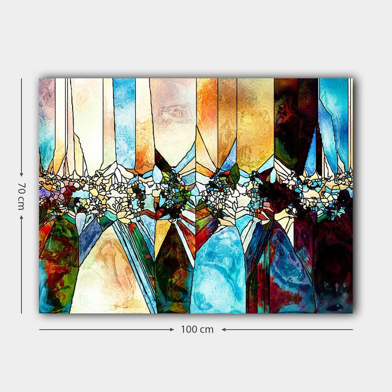 Canvastavla 70x100 cm - Abstrakt komposition med geometriska former och blommotiv i klara färger - Blå / Grön / Orange - Inredning & dekor - Tavlor & konst - Canvastavla