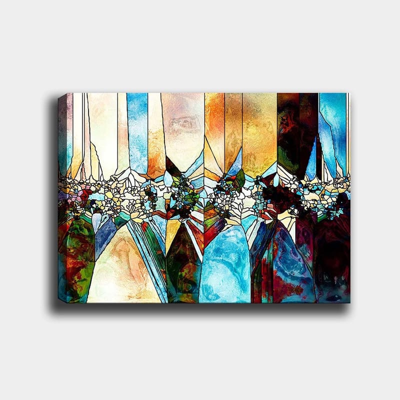 Canvastavla 70x100 cm - Abstrakt komposition med geometriska former och blommotiv i klara färger, Blå / Grön / Orange