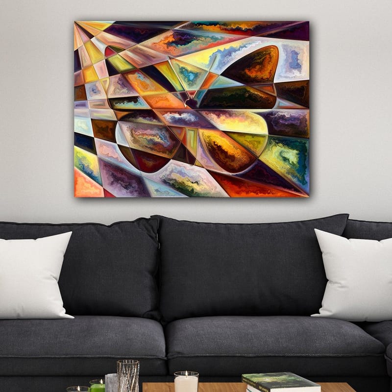 Canvastavla 70x100 cm - Abstrakt komposition med geometriska former och dynamiska färgövergångar - Guld / Mörkbrun / Orange - Inredning & dekor - Tavlor & konst - Canvastavla