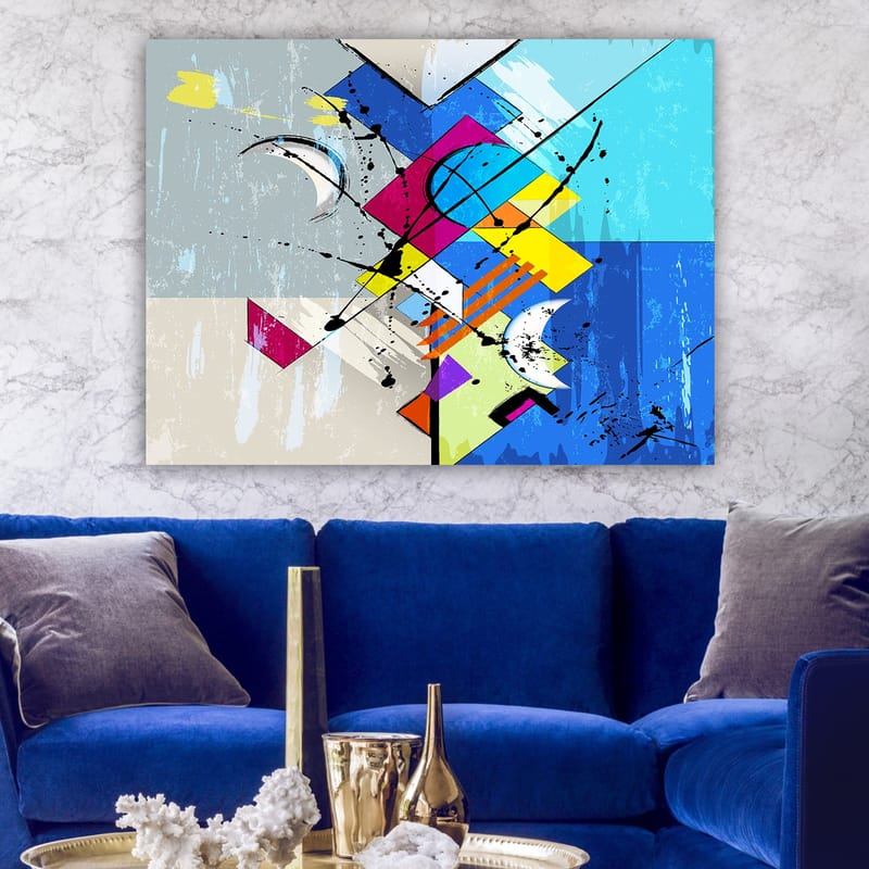 Canvastavla 70x100 cm - Abstrakt komposition med geometriska former och dynamiska linjer - Blå / Rosa / Gul - Inredning & dekor - Tavlor & konst - Canvastavla