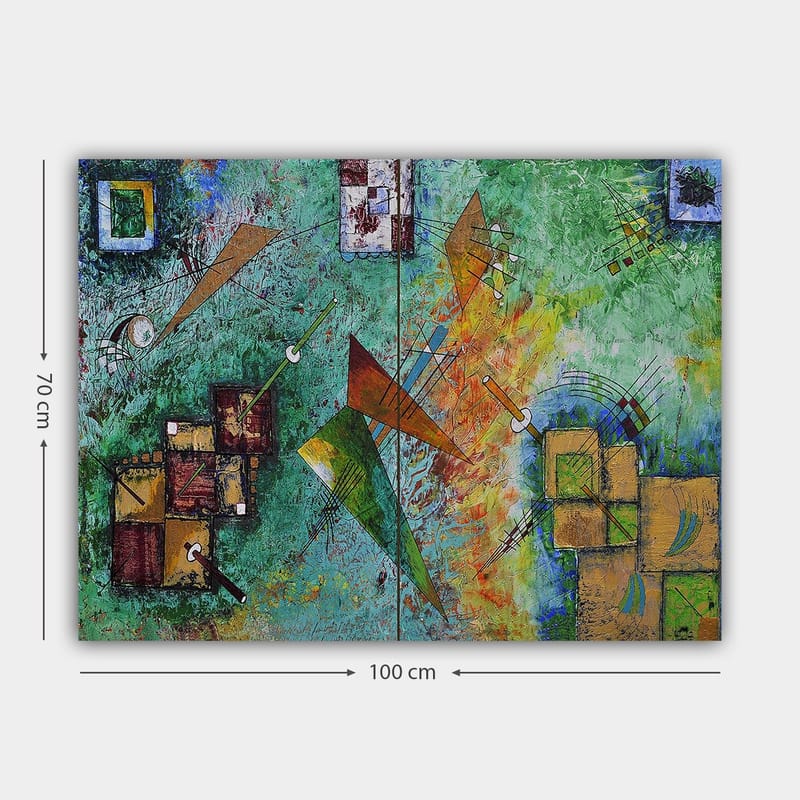Canvastavla 70x100 cm - Abstrakt komposition med geometriska former och dynamiska linjer i en färgglad harmoni - Grön / Orange / Brun - Inredning & dekor - Tavlor & konst - Canvastavla