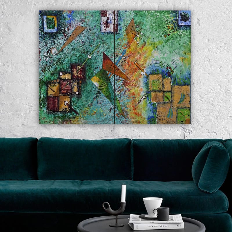 Canvastavla 70x100 cm - Abstrakt komposition med geometriska former och dynamiska linjer i en färgglad harmoni - Grön / Orange / Brun - Inredning & dekor - Tavlor & konst - Canvastavla