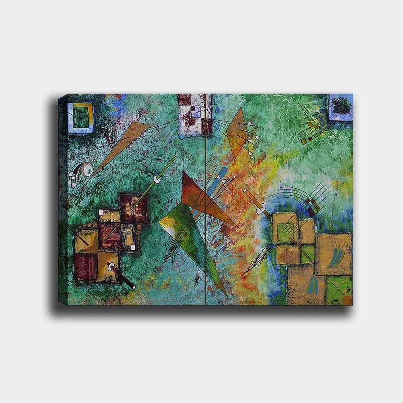 Canvastavla 70x100 cm - Abstrakt komposition med geometriska former och dynamiska linjer i en färgglad harmoni, Grön / Orange / Brun