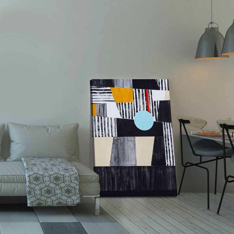 Canvastavla 70x100 cm - Abstrakt komposition med geometriska former och en central cirkel - Svart / Ljusblå / Guld - Inredning & dekor - Tavlor & konst - Canvastavla