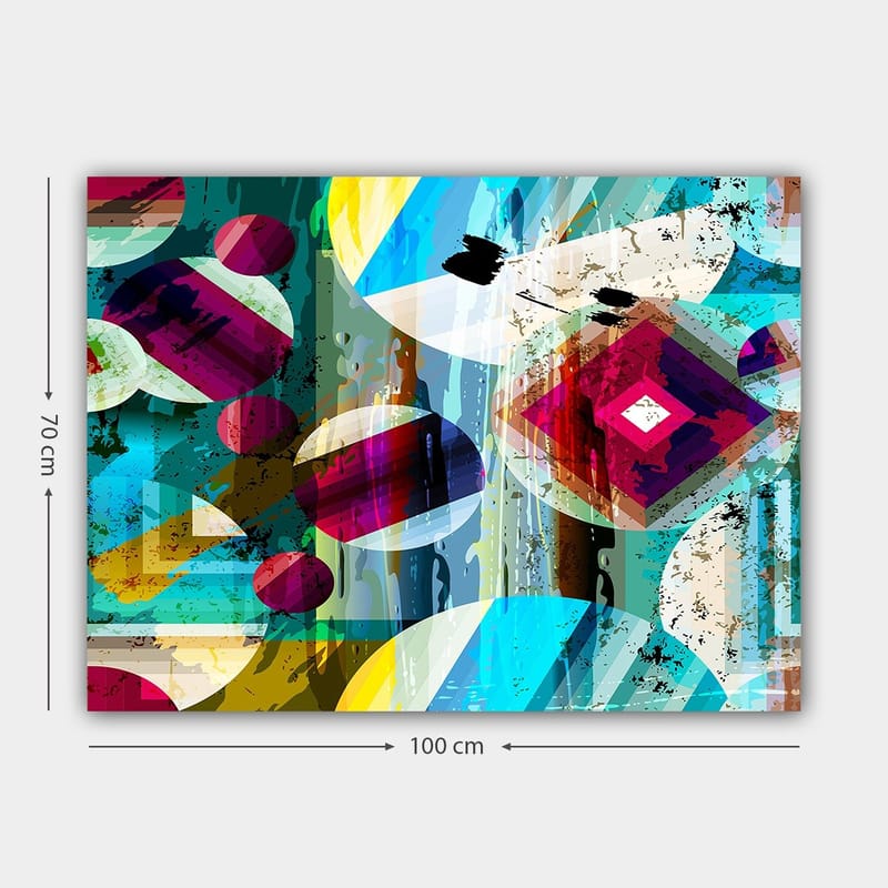 Canvastavla 70x100 cm - Abstrakt komposition med geometriska former och färgglada cirklar - Turkos / Röd / Gul - Inredning & dekor - Tavlor & konst - Canvastavla