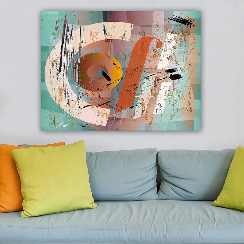 Canvastavla 70x100 cm - Abstrakt komposition med geometriska former och färgglada inslag - Turkos / Orange / Beige - Inredning & dekor - Tavlor & konst - Canvastavla