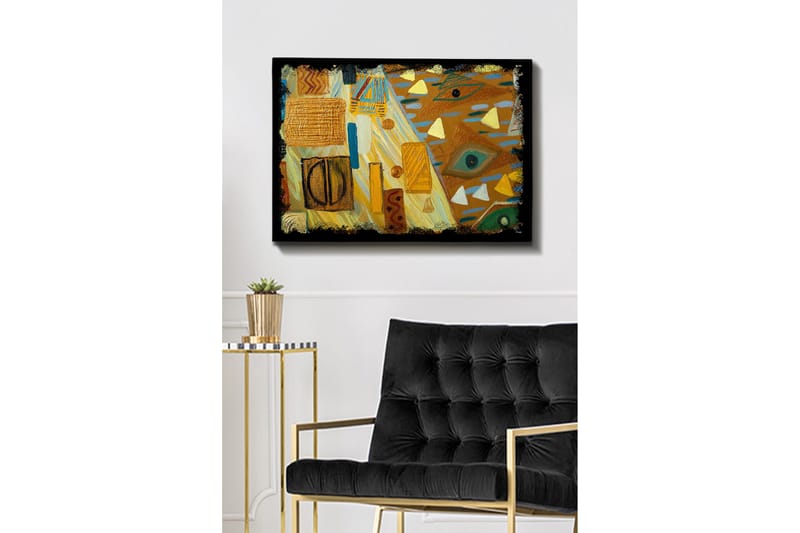 Canvastavla 70x100 cm - Abstrakt komposition med geometriska former och färgglada mönster, Guld / Blå / Grön