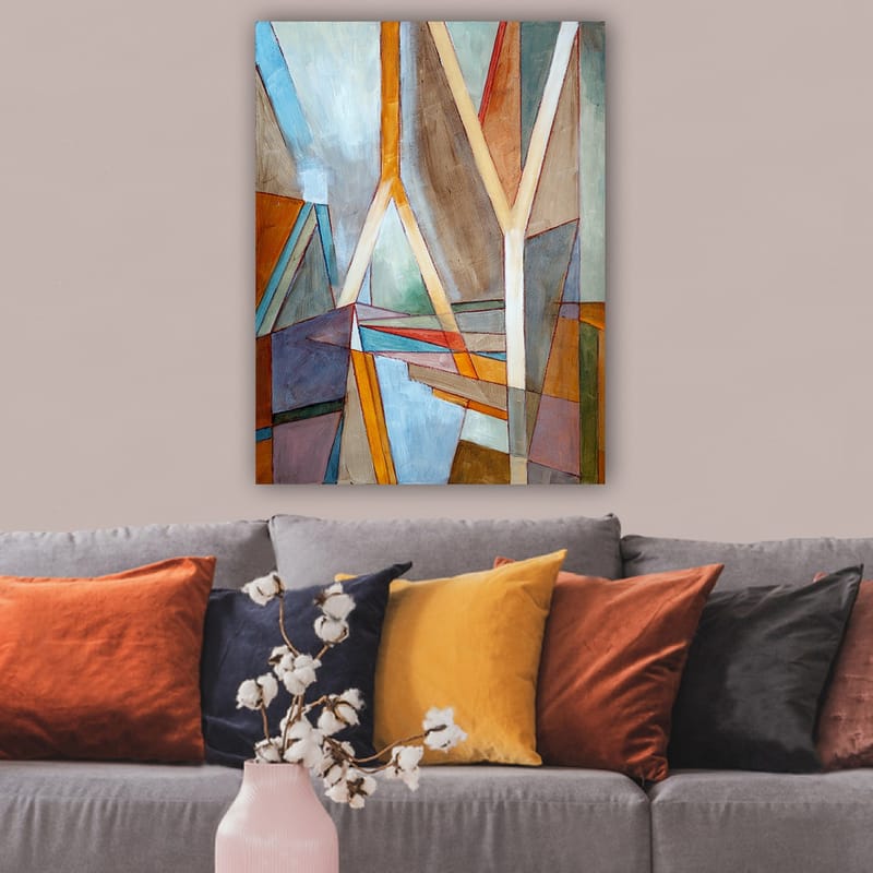 Canvastavla 70x100 cm - Abstrakt komposition med geometriska former och linjer som skapar en dynamisk känsla - Blå / Orange / Brun - Inredning & dekor - Tavlor & konst - Canvastavla