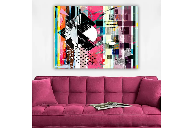 Canvastavla 70x100 cm - Abstrakt komposition med geometriska former och livliga färger - Rosa / Svart / Vit - Inredning & dekor - Tavlor & konst - Canvastavla