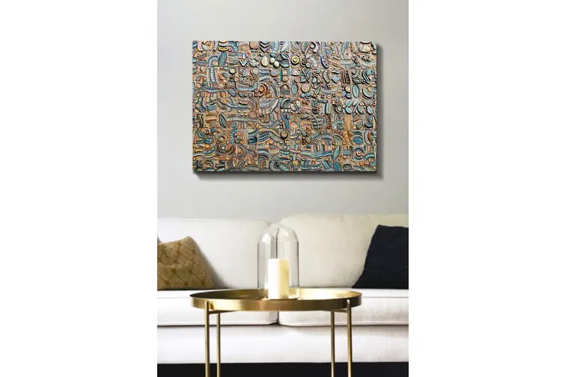 Canvastavla 70x100 cm - Abstrakt komposition med geometriska former och mönster i olika nyanser, Blå / Brons / Svart