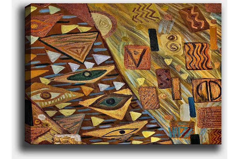Canvastavla 70x100 cm - Abstrakt komposition med geometriska former och ögonmotiv i varma jordtoner - Guld / Brun / Beige - Inredning & dekor - Tavlor & konst - Canvastavla