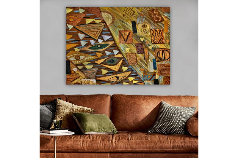 Canvastavla 70x100 cm - Abstrakt komposition med geometriska former och ögonmotiv i varma jordtoner, Guld / Brun / Beige