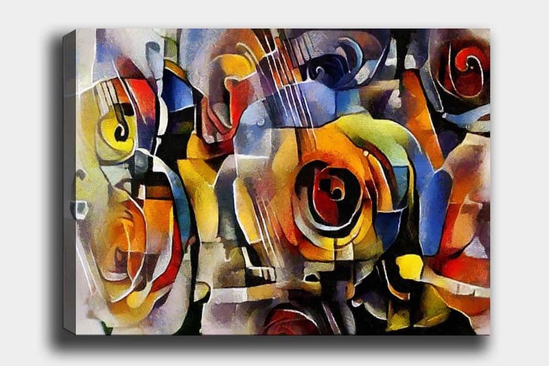 Canvastavla 70x100 cm - Abstrakt komposition med gitarrer och rosor i livliga färger - Röd / Gul / Blå - Inredning & dekor - Tavlor & konst - Canvastavla