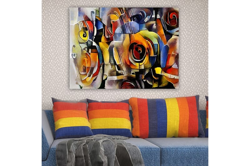 Canvastavla 70x100 cm - Abstrakt komposition med gitarrer och rosor i livliga färger - Röd / Gul / Blå - Inredning & dekor - Tavlor & konst - Canvastavla