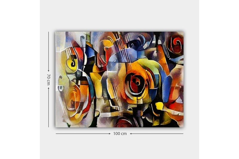 Canvastavla 70x100 cm - Abstrakt komposition med gitarrer och rosor i livliga färger - Röd / Gul / Blå - Inredning & dekor - Tavlor & konst - Canvastavla
