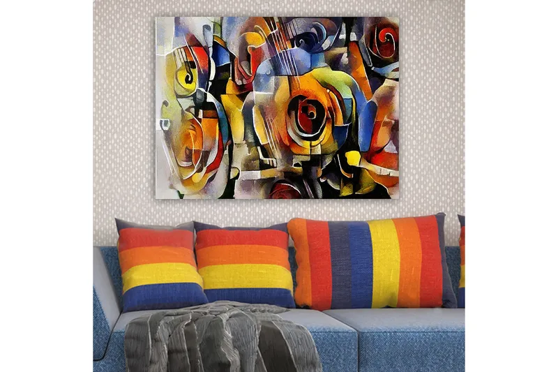 Canvastavla 70x100 cm - Abstrakt komposition med gitarrer och rosor i livliga färger - Röd / Gul / Blå - Inredning & dekor - Tavlor & konst - Canvastavla