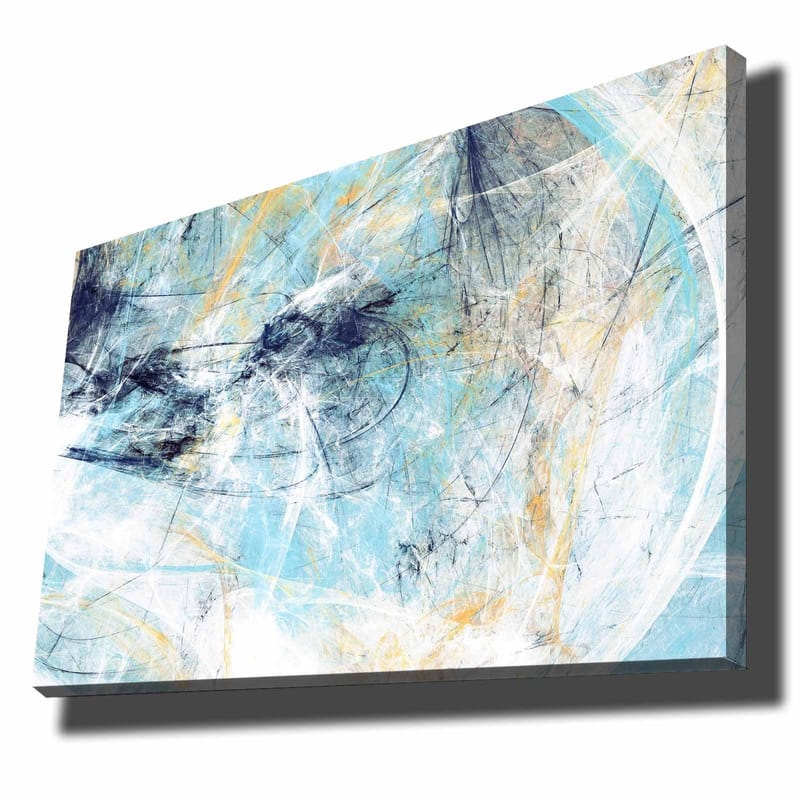 Canvastavla 70x100 cm - Abstrakt komposition med inslag av blått och ljusa toner som skapar en känsla av rörelse, Blå / Vit / Ljusgul