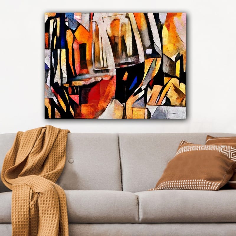 Canvastavla 70x100 cm - Abstrakt komposition med inslag av glas och geometriska former - Orange / Svart / Gult - Inredning & dekor - Tavlor & konst - Canvastavla
