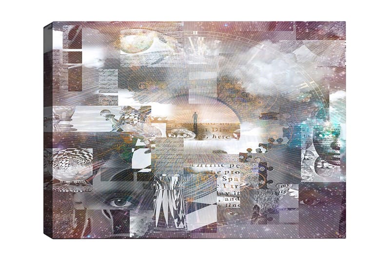Canvastavla 70x100 cm - Abstrakt komposition med inslag av text och olika former som skapar en känsla av djup och mystik, Lila / Grå / Vit