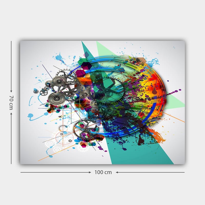 Canvastavla 70x100 cm - Abstrakt komposition med kugghjul och färgglada sprutningar som symboliserar rörelse och teknik - Turkos / Röd / Lila - Inredning & dekor - Tavlor & konst - Canvastavla