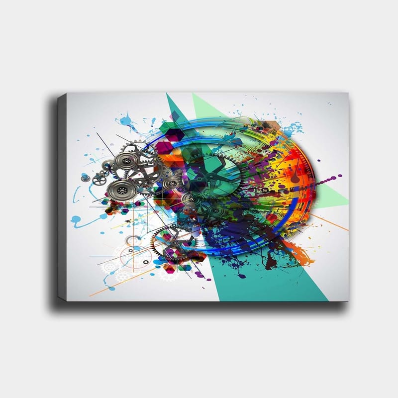 Canvastavla 70x100 cm - Abstrakt komposition med kugghjul och färgglada sprutningar som symboliserar rörelse och teknik, Turkos / Röd / Lila