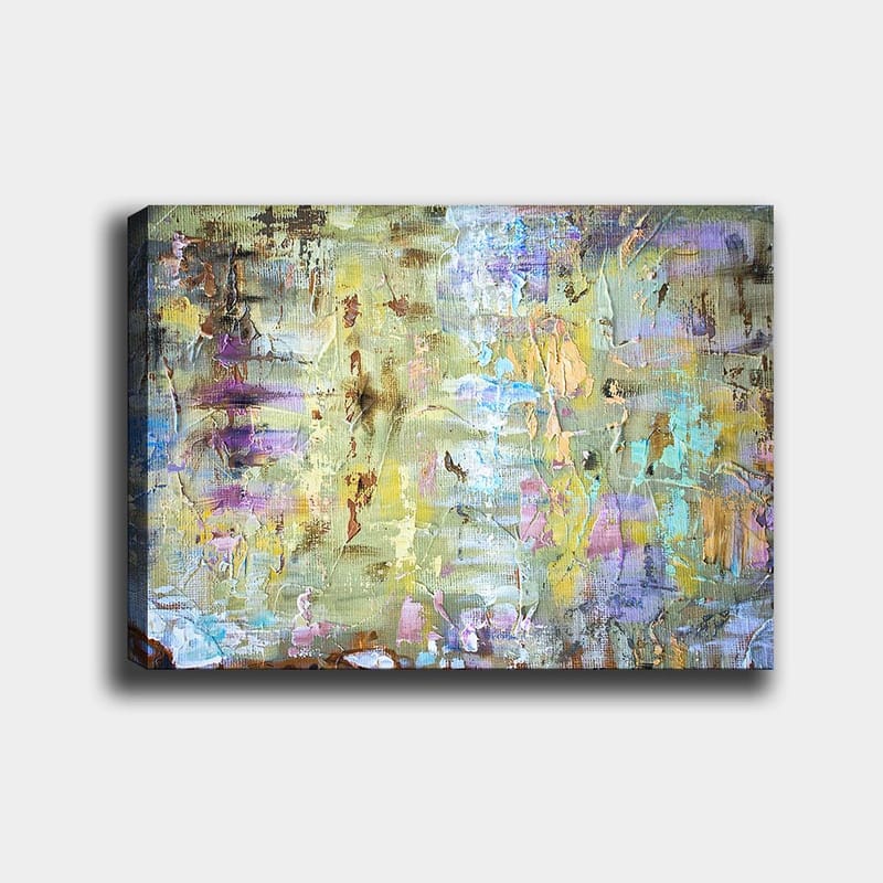 Canvastavla 70x100 cm - Abstrakt komposition med mjuka färgövergångar och texturer som skapar en drömlik atmosfär, Ljusgrön / Lila / Beige