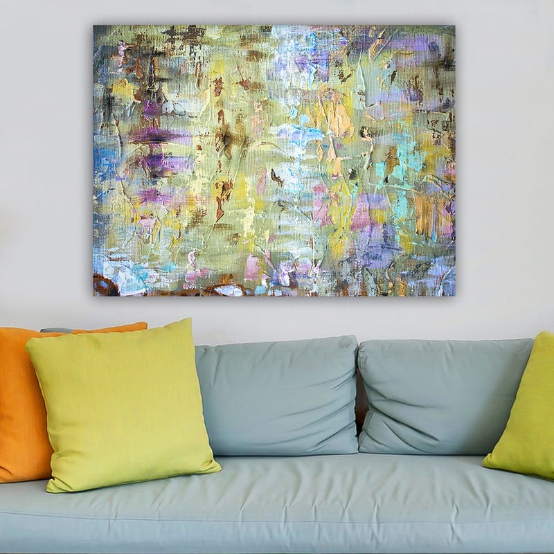 Canvastavla 70x100 cm - Abstrakt komposition med mjuka färgövergångar och texturer som skapar en drömlik atmosfär - Ljusgrön / Lila / Beige - Inredning & dekor - Tavlor & konst - Canvastavla