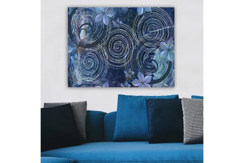 Canvastavla 70x100 cm - Abstrakt komposition med spiraler och blommor i en harmonisk sammansättning - Mörkblå / Ljusblå / Vit - Inredning & dekor - Tavlor & konst - Canvastavla