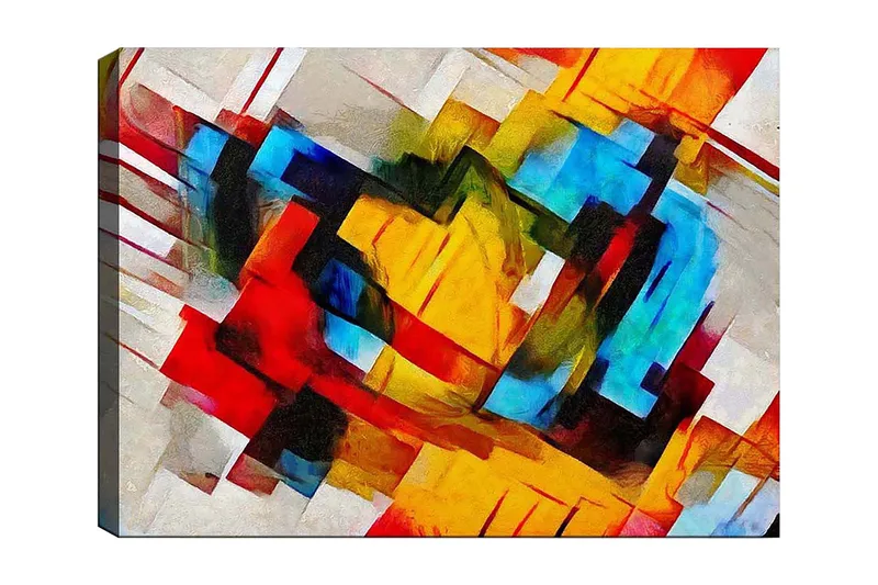 Canvastavla 70x100 cm - Abstrakt komposition med starka färger och dynamiska former, Röd / Blå / Gul