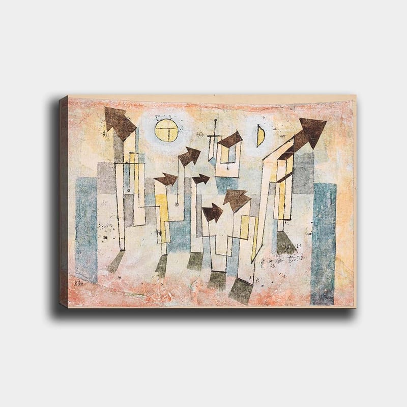 Canvastavla 70x100 cm - Abstrakt komposition med stiliserade hus och pilar som pekar uppåt - Beige / Grön / Blå - Inredning & dekor - Tavlor & konst - Canvastavla