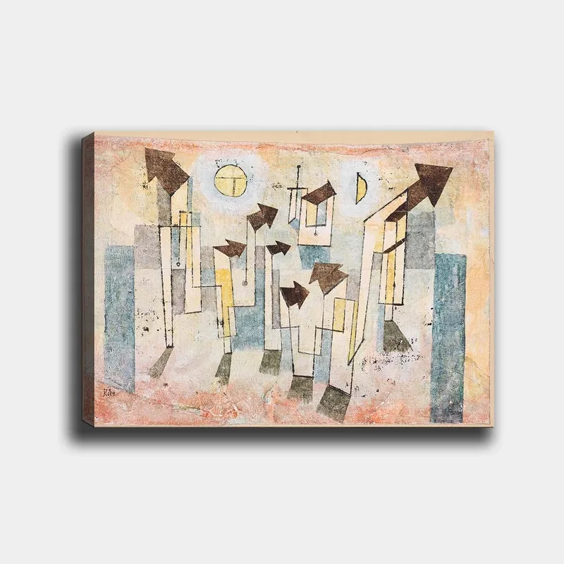 Canvastavla 70x100 cm - Abstrakt komposition med stiliserade hus och pilar som pekar uppåt, Beige / Grön / Blå