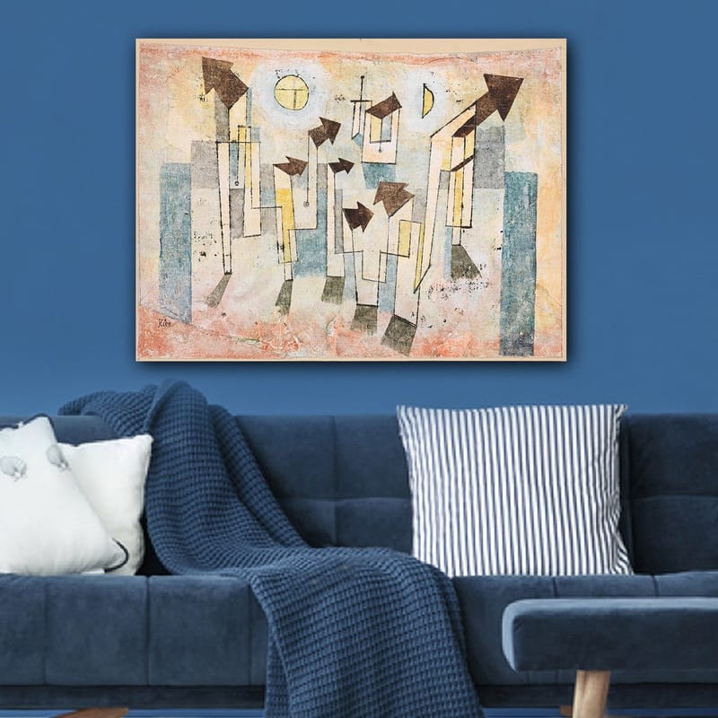 Canvastavla 70x100 cm - Abstrakt komposition med stiliserade hus och pilar som pekar uppåt - Beige / Grön / Blå - Inredning & dekor - Tavlor & konst - Canvastavla