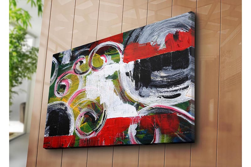 Canvastavla 70x100 cm - Abstrakt komposition med svarta cirklar och spiralformer i kontrasterande färger - Röd / Svart / Vit - Inredning & dekor - Tavlor & konst - Canvastavla