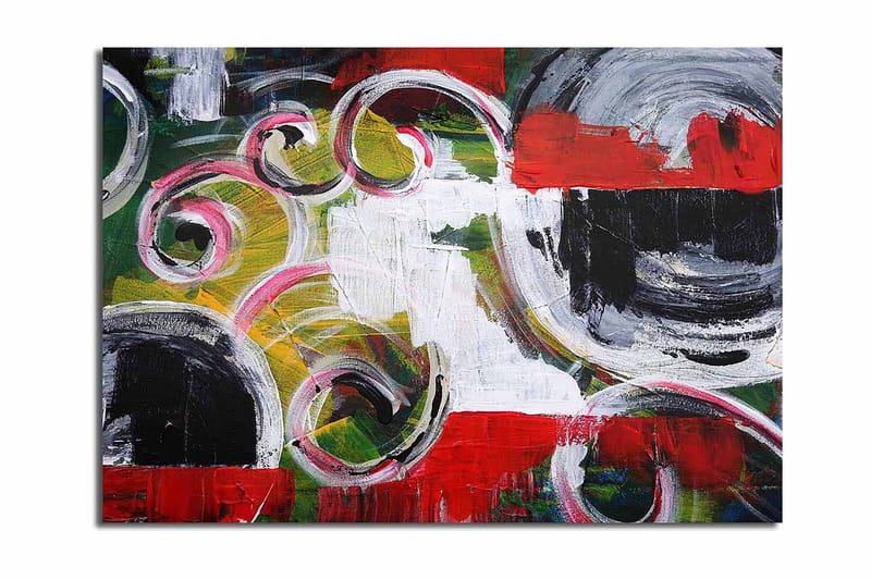 Canvastavla 70x100 cm - Abstrakt komposition med svarta cirklar och spiralformer i kontrasterande färger - Röd / Svart / Vit - Inredning & dekor - Tavlor & konst - Canvastavla