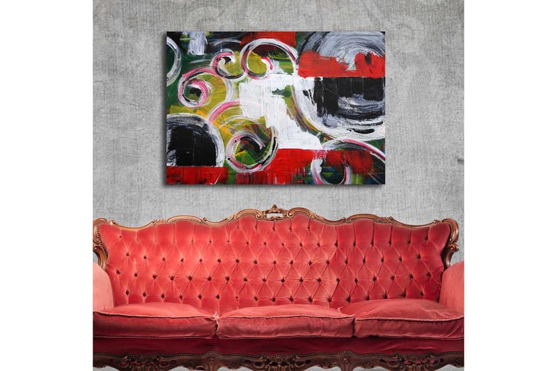 Canvastavla 70x100 cm - Abstrakt komposition med svarta cirklar och spiralformer i kontrasterande färger - Röd / Svart / Vit - Inredning & dekor - Tavlor & konst - Canvastavla