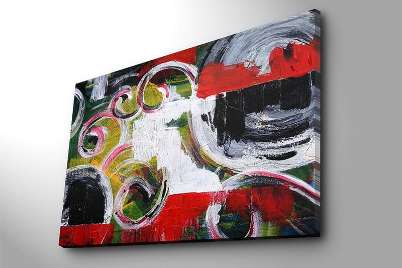 Canvastavla 70x100 cm - Abstrakt komposition med svarta cirklar och spiralformer i kontrasterande färger - Röd / Svart / Vit - Inredning & dekor - Tavlor & konst - Canvastavla